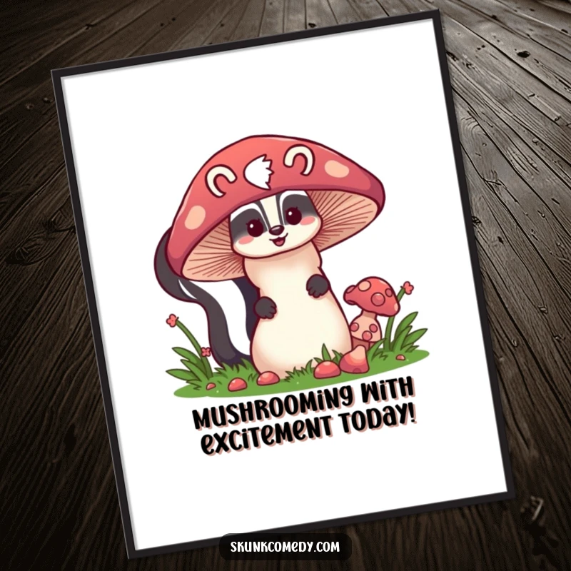 Funny Free Printable Wall Art showing a skunk character playfully hiding behind a giant mushroom. Amusing downloadable decor.