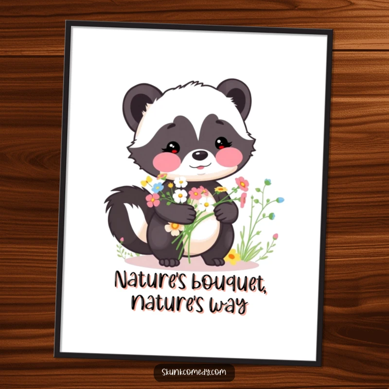 Funny Free Printable Wall Art: A darling skunk with soft rosy cheeks gently holds a lush bouquet of assorted wildflowers.