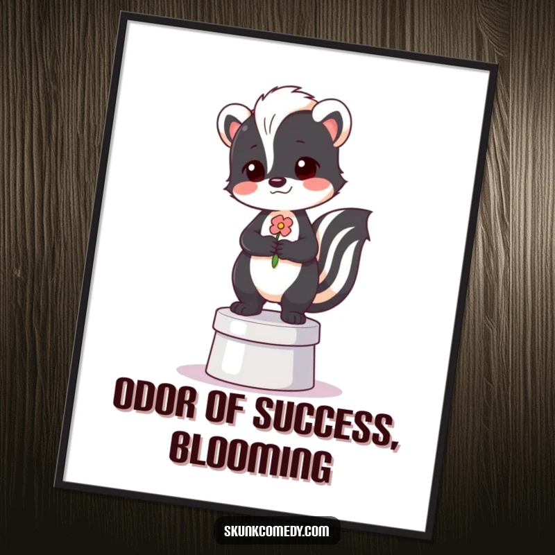 Free printable wall art: A proud skunk stands tall on a tiny pedestal, holding a delicate flower, looking quite pleased.
