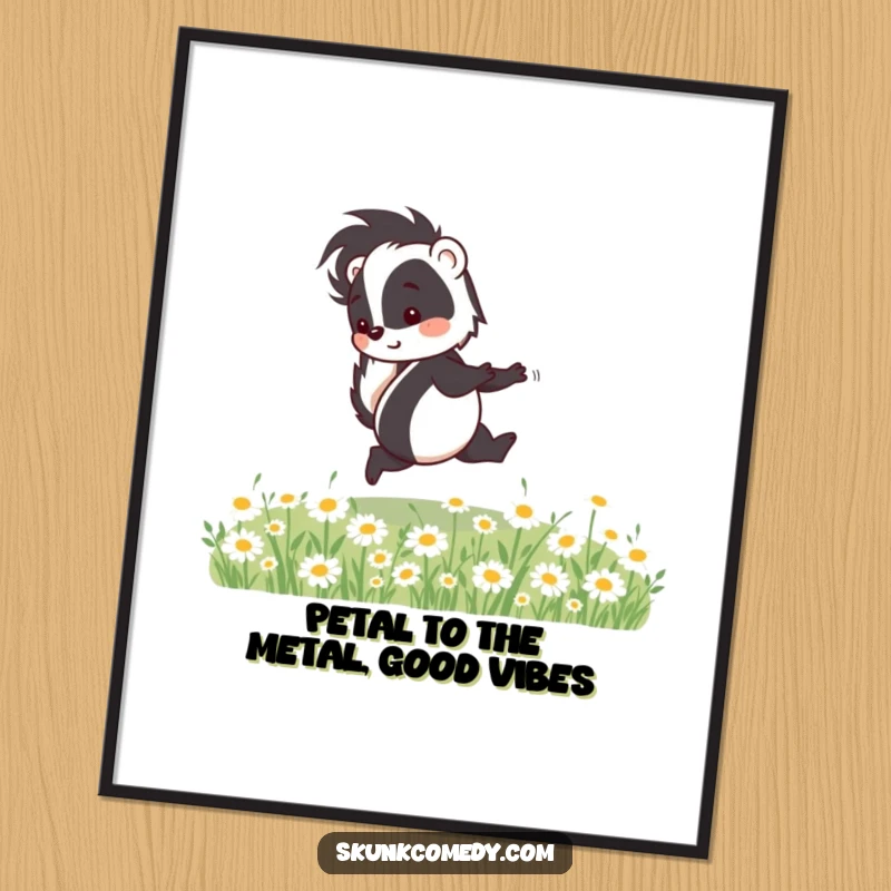 Funny Free Printable Wall Art: A skunk is joyfully skipping through a sunny field of daisies.