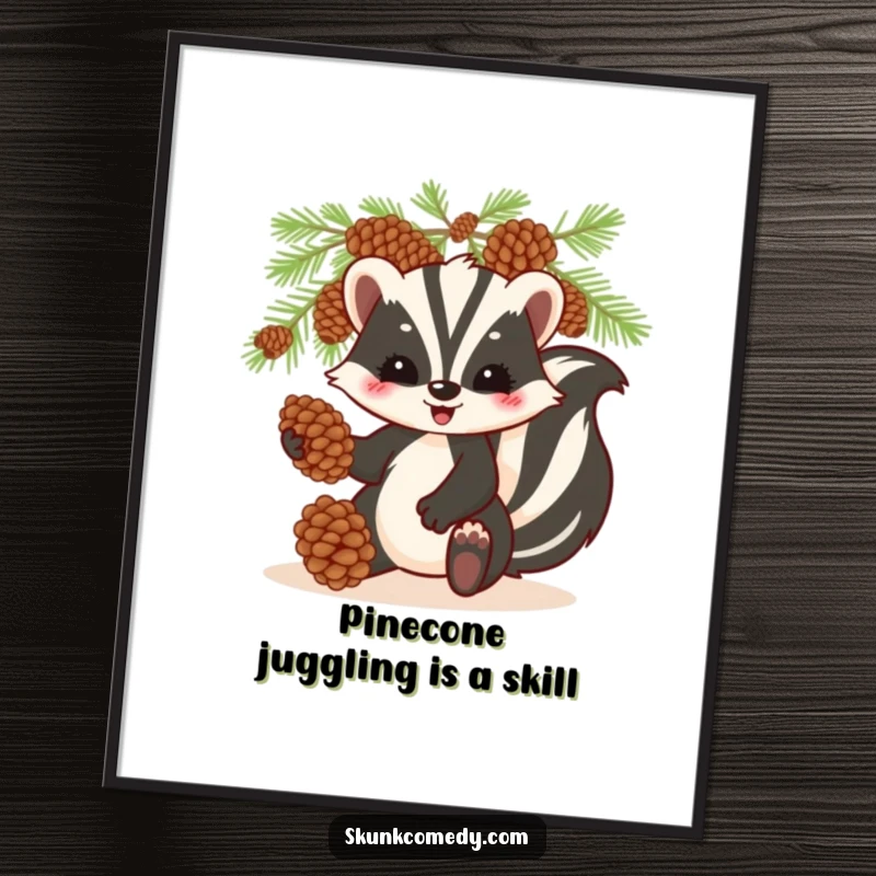 Funny Free Printable Wall Art: A skunk playfully juggling multiple pinecones, creating a humorous and eye-catching piece.