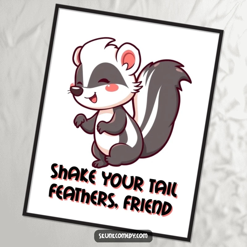 Funny Free Printable Wall Art: A happy cartoon skunk is captured mid-dance, its tail held high in a gesture of pure, unadulterated joy.