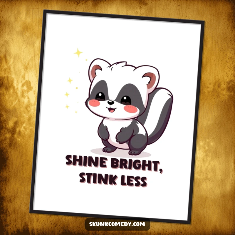 Funny free printable wall art: A Kawaii skunk emitting tiny, harmless sparkles of pure joy. Whimsical and humorous decor.