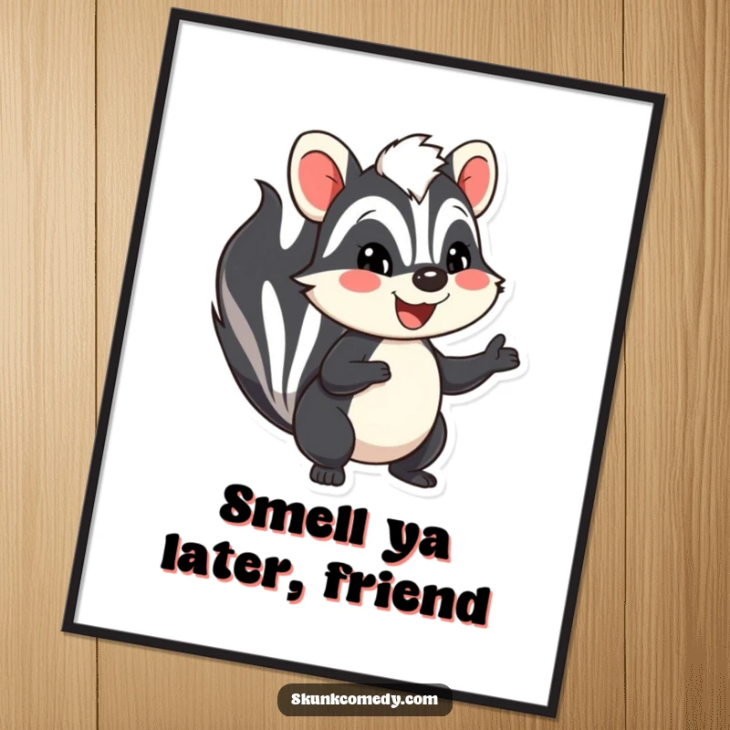 Funny Free Printable Wall Art of a smiling skunk waving hello, perfect for quirky home decor.