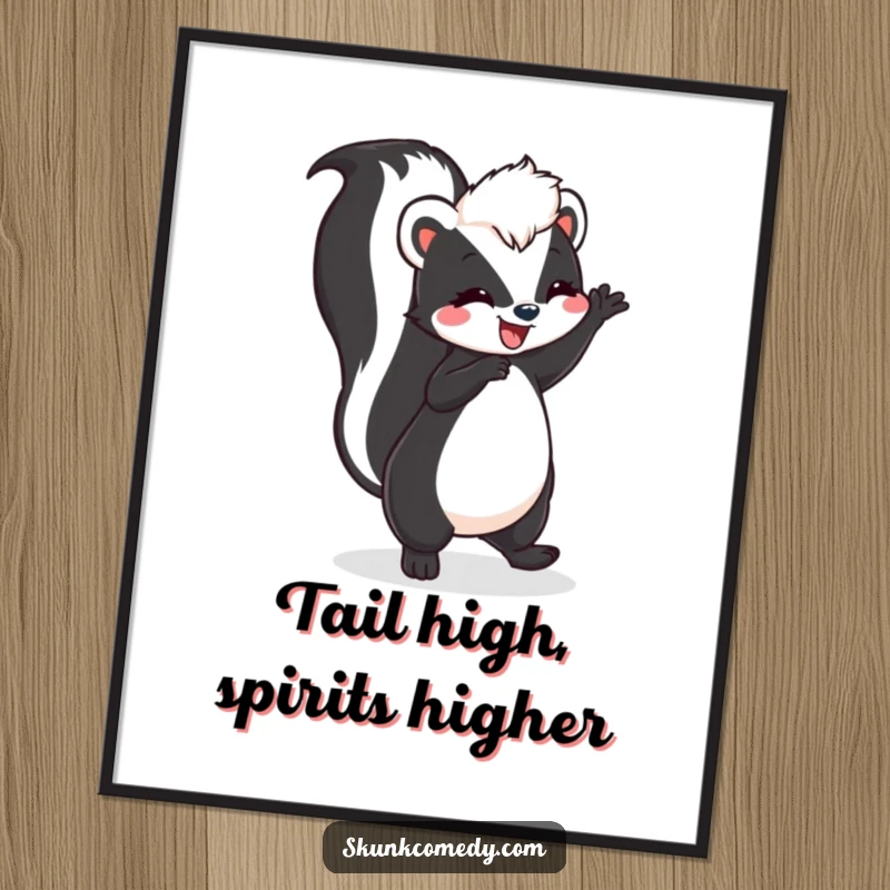 Funny Free Printable Wall Art: A skunk is caught mid-dance with its tail held high, full of joy, downloadable.