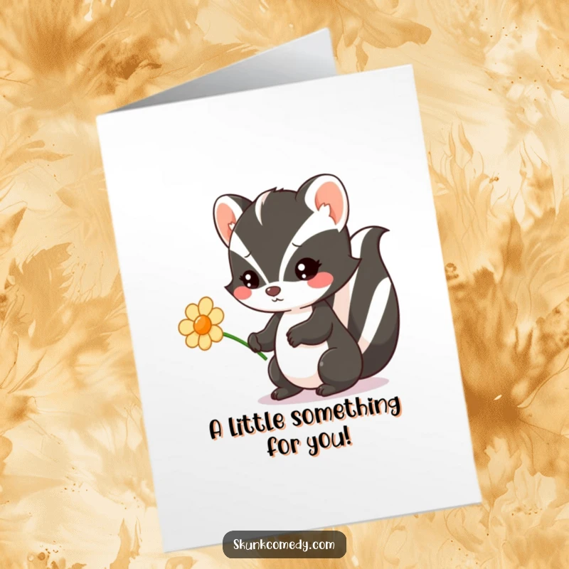 Funny free printable birthday card with an adorable Kawaii skunk offering a flower, wishing you a blooming happy birthday.