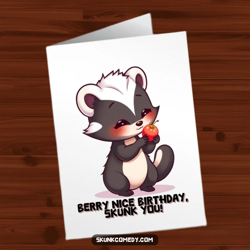 Free printable birthday card: A bashful skunk shyly offers a single, glowing berry, symbolizing a sweet thought.