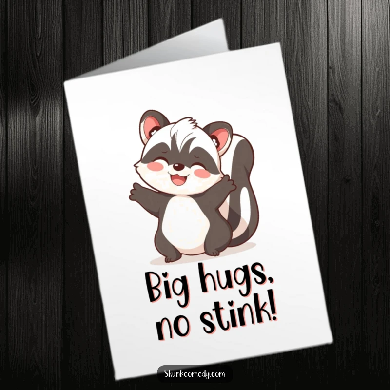 Funny free printable birthday card featuring a joyful skunk with spread paws, eagerly offering a warm, welcoming embrace.
