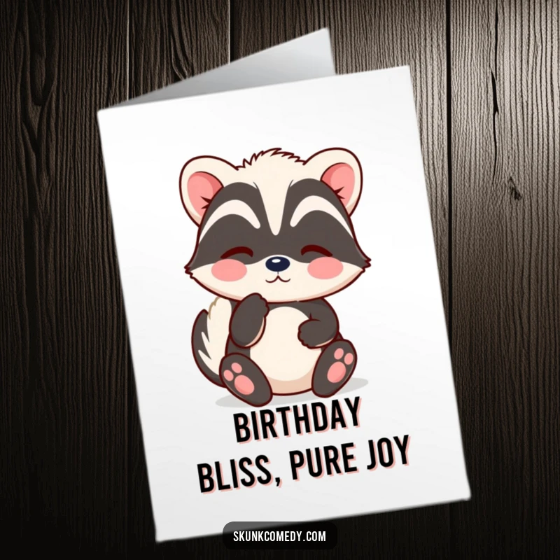 Funny Free Printable Birthday Card with a kawaii skunk letting out soft puffs, representing a contented sigh of joy for the birthday person.