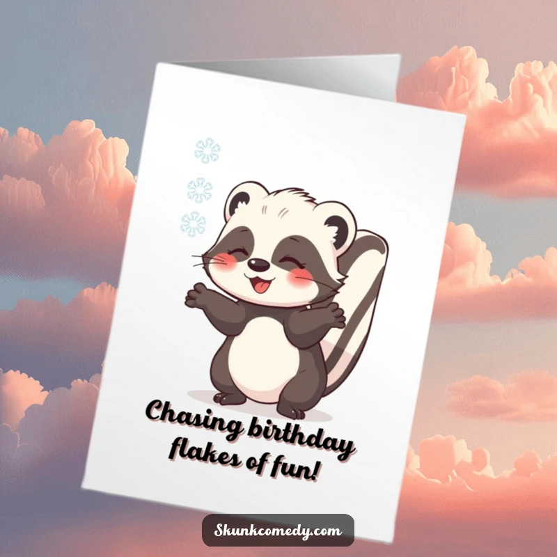Funny Free Printable Birthday Card of a skunk with outstretched paws catching a delicate snowflake. A heartwarming and humorous downloadable gift.