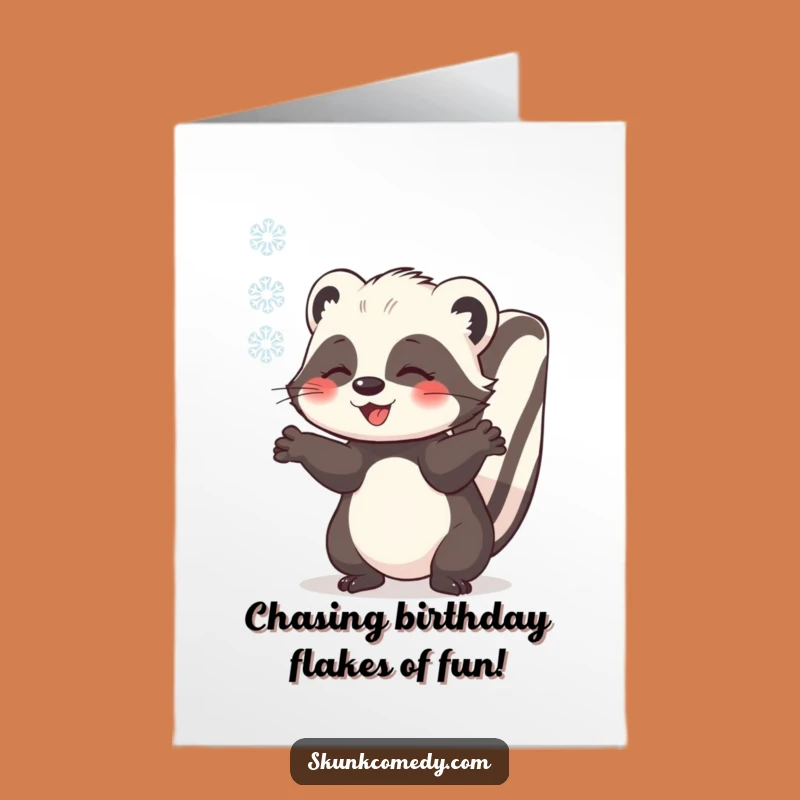 Free Printable Birthday Card: Cozy Skunk Snowflake Catch Downloadable Gift