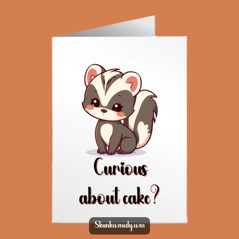 Free Printable Kawaii Skunk Birthday Card: Curious Skunk Wondering If It's Cake O'Clock