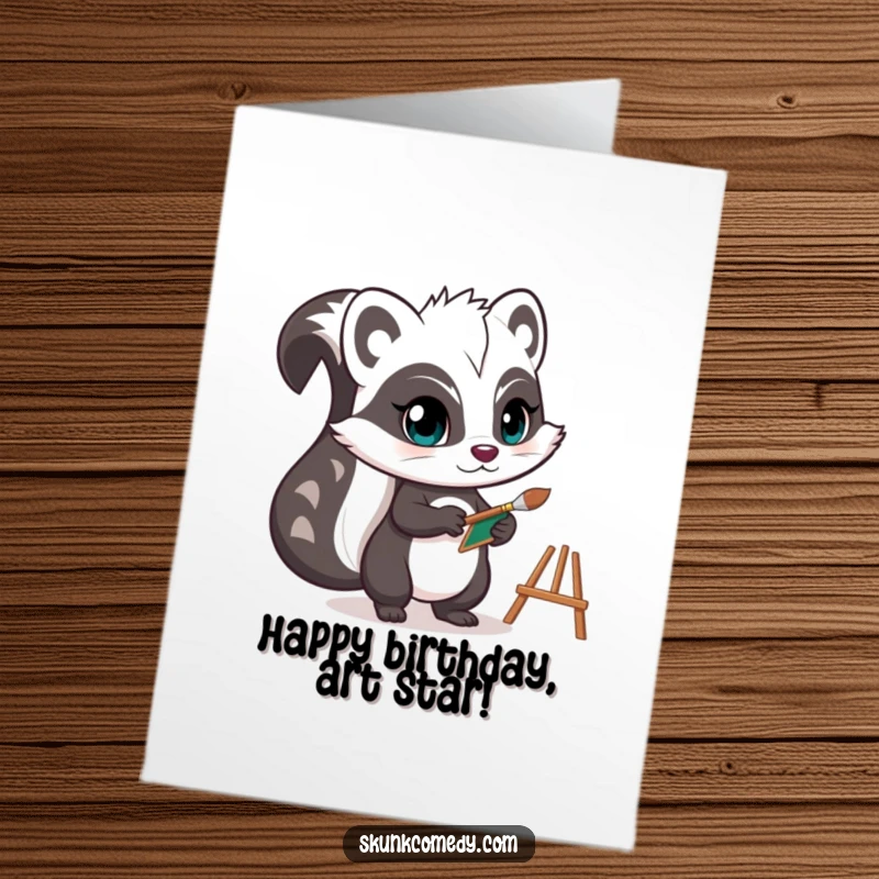 Funny free printable birthday card shows a skunk with a determined expression holding a tiny paintbrush and easel.