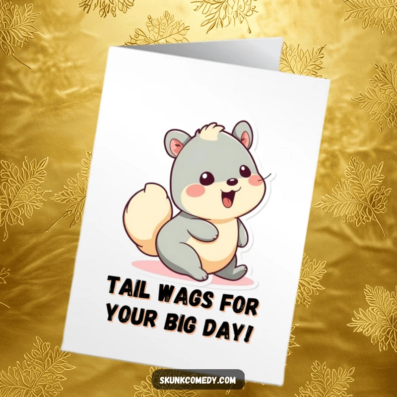 Funny free printable birthday card of a cute creature wiggling its fluffy tail with absolute joy and excitement.