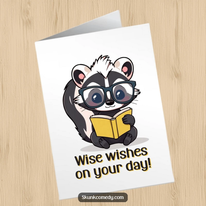 Funny Free Printable Birthday Card: A skunk in oversized glasses reads a tiny book, a smart downloadable gift.