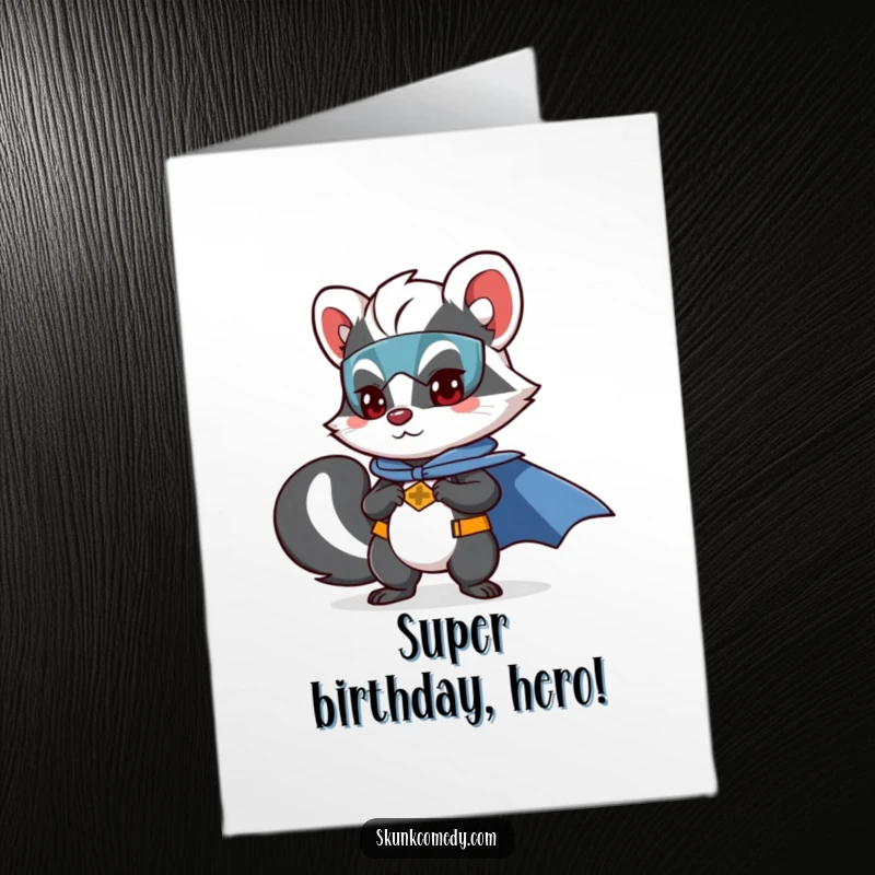 Funny Free Printable Birthday Card: A skunk wearing a cape, striking a heroic superhero pose.