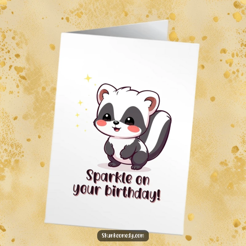 Funny free printable birthday card: A Kawaii skunk cheerfully emitting tiny, harmless sparkles of joy. A cute and humorous downloadable card.