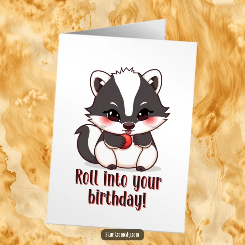 Funny Free Printable Birthday Card: A determined skunk rolls a small berry with focus, perfect for celebrating ambition on birthdays.