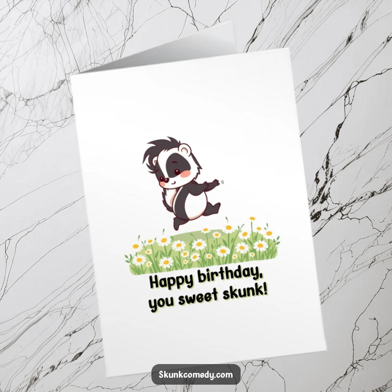 Funny Free Printable Birthday Card: A happy skunk skips through a field of daisies.