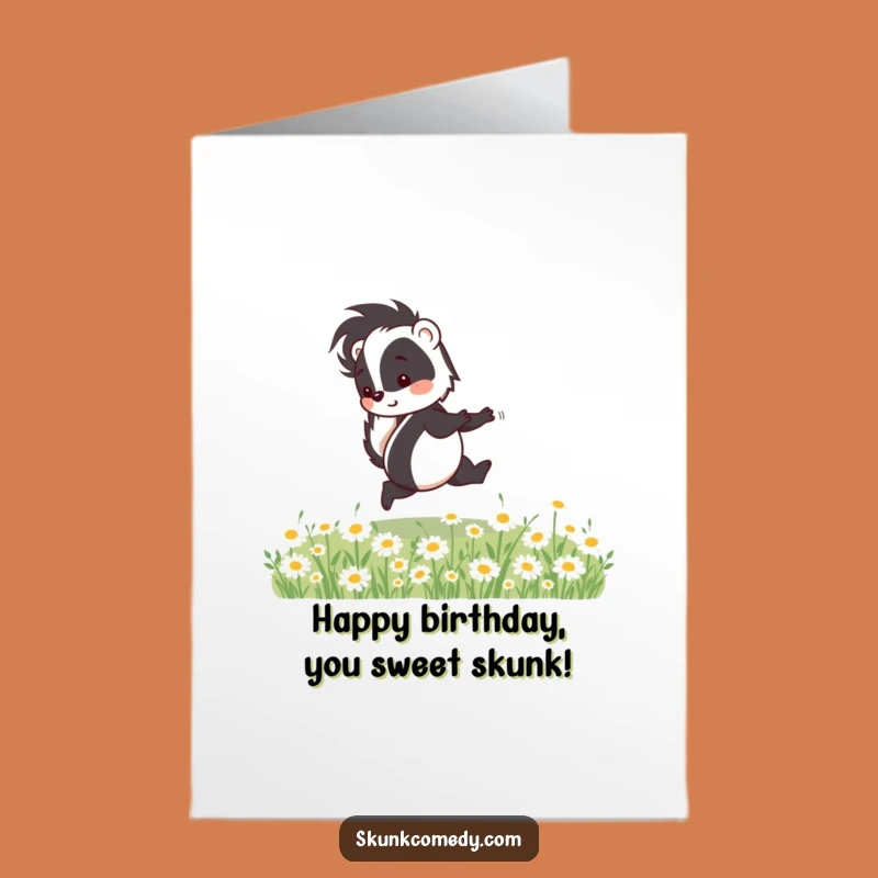 Free Printable Skunk Birthday Card: Skipping Stinker, Daisy Field, Funny Downloadable Gift