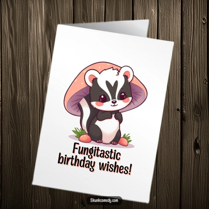 Funny Free Printable Birthday Card: Kawaii skunk peeking mischievously from behind a giant mushroom, wishing a happy birthday.