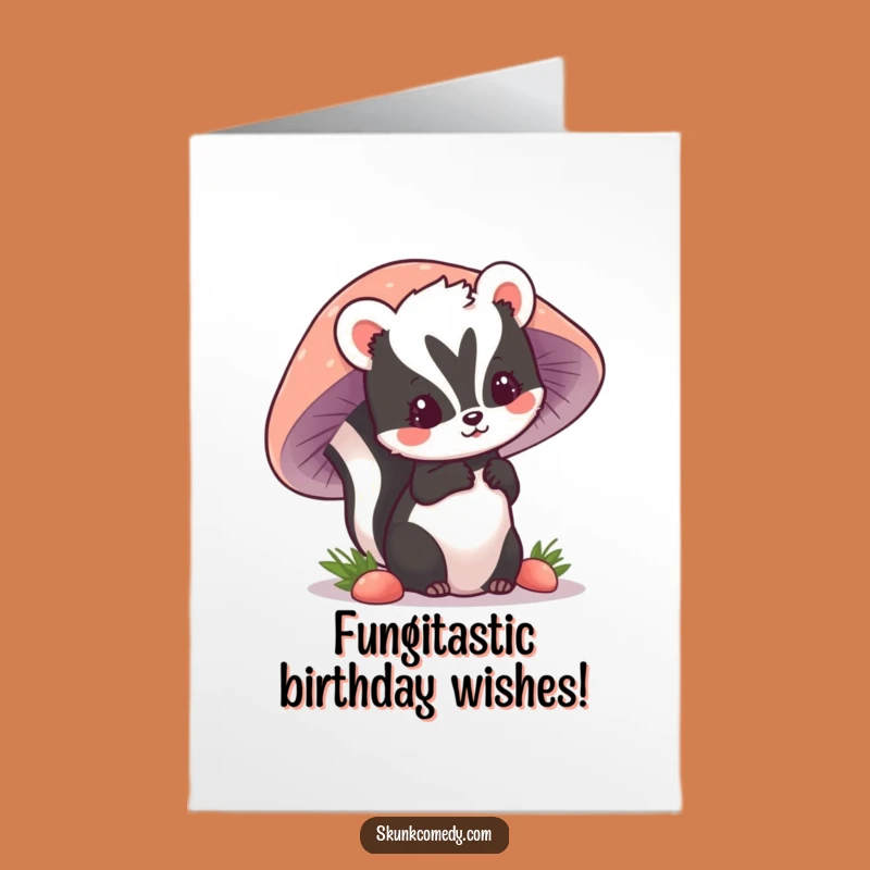 Free Printable Funny Skunk Birthday Card: Kawaii Mushroom Peek Surprise Downloadable Gift