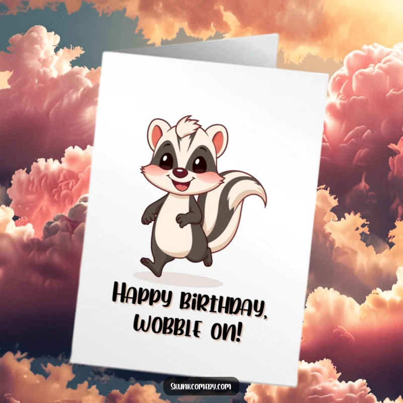 Funny free printable birthday card showing a skunk doing a comical, wobbly walk with an enthusiastic happy bounce.
