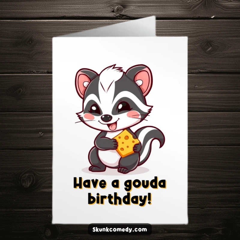 Funny Free Printable Birthday Card: Kawaii skunk with a mischievous grin holds a piece of cheese, wishing happy birthday.