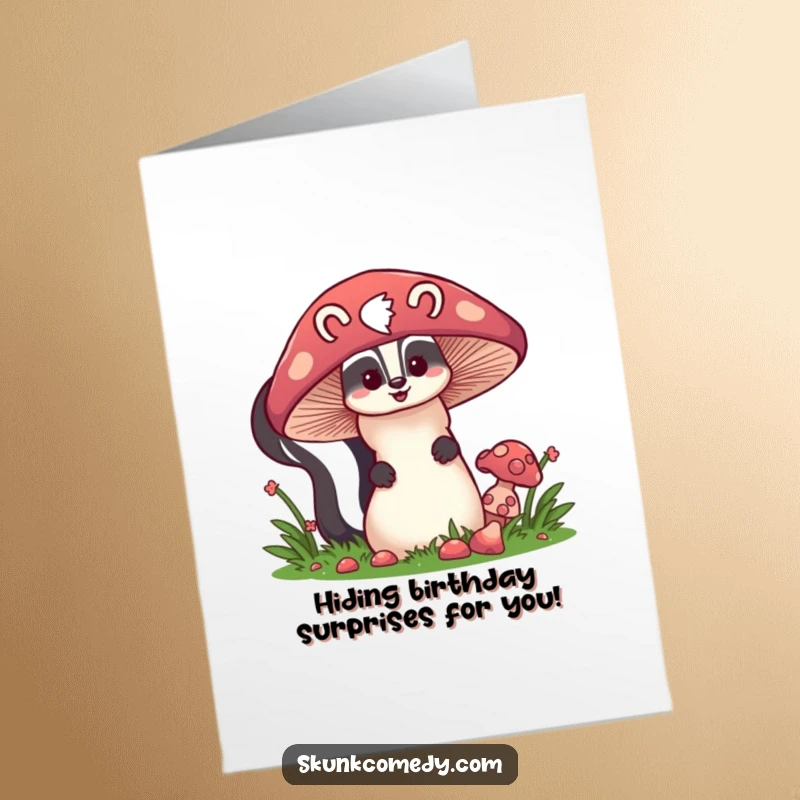 Funny Free Printable Birthday Card with a skunk peeking from behind a giant mushroom. A humorous and playful downloadable gift.