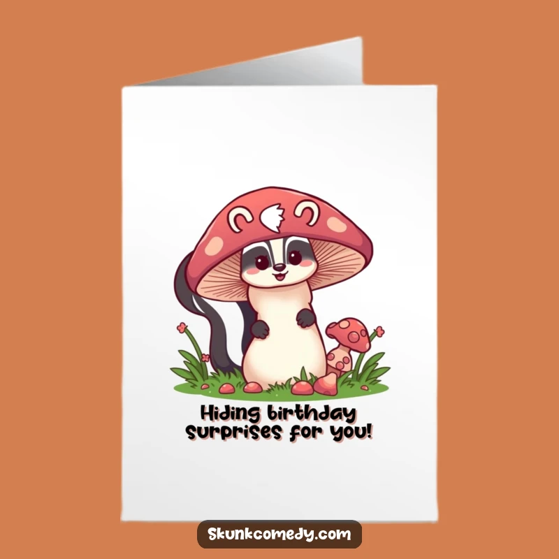 Free Printable Birthday Card: Playful Skunk Mushroom Peek-a-Boo Downloadable Gift