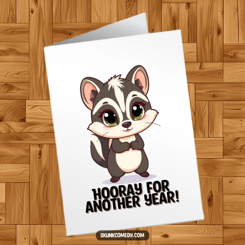 Funny free printable birthday card showcasing a skunk with wide, innocent eyes joyfully skipping along, spreading birthday cheer.