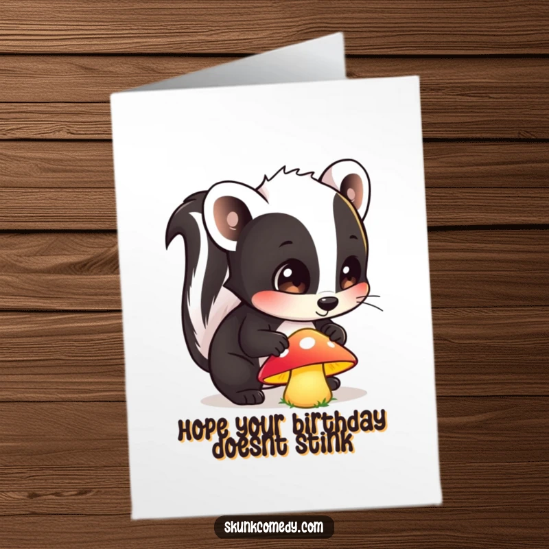Funny Free Printable Birthday Card: A curious skunk sniffs a glowing mushroom with wide, amazed eyes, perfect for a birthday surprise.