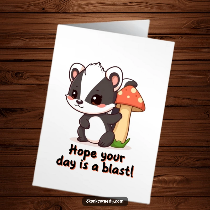 Funny Free Printable Birthday Card: A skunk with a playful wink peeks from behind a large mushroom.