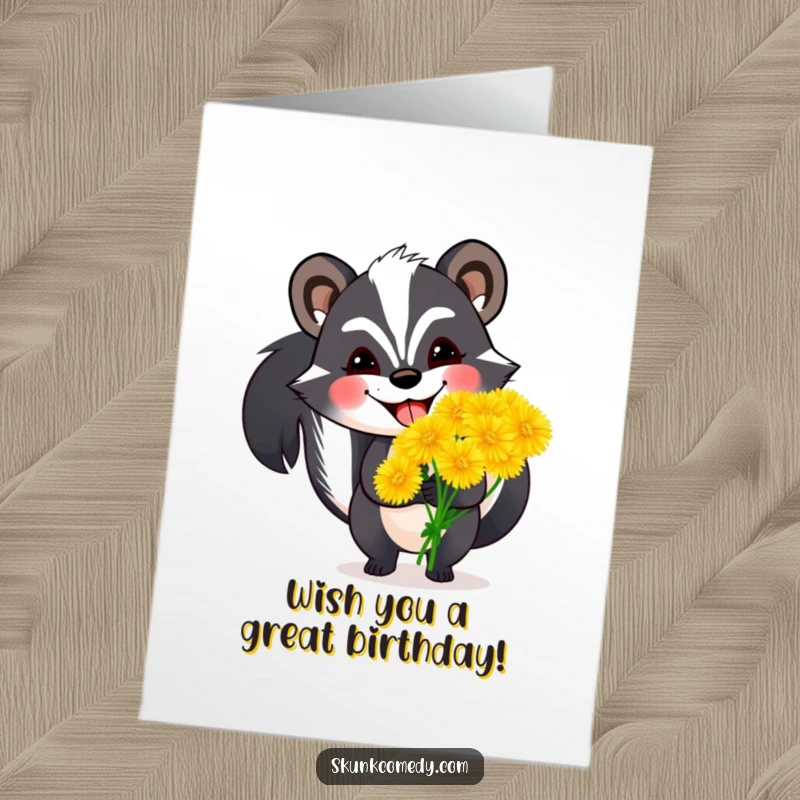 Funny free printable birthday card of a happy skunk grinning widely while holding a huge bouquet of dandelions.