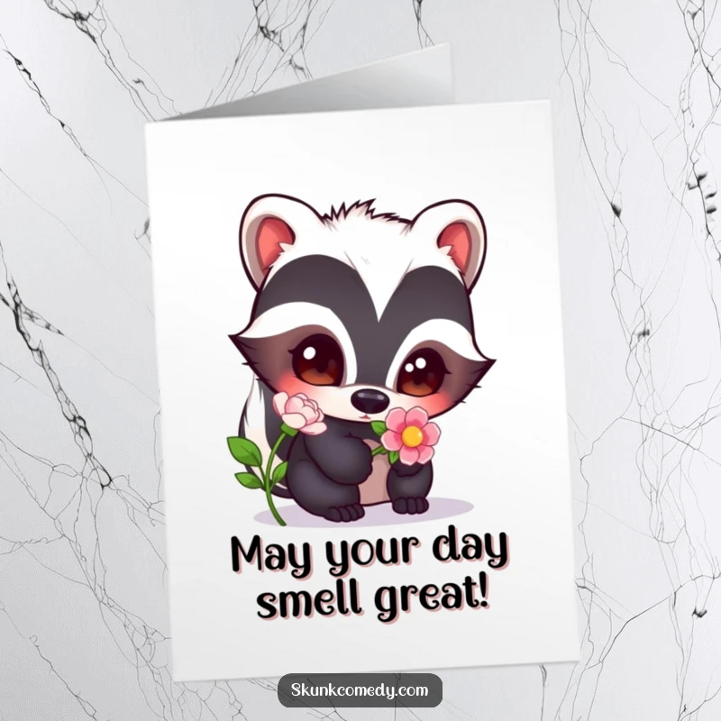 Funny Free Printable Birthday Card: A skunk with wide, curious eyes leans in to sniff a delicate flower, perfect for birthdays.