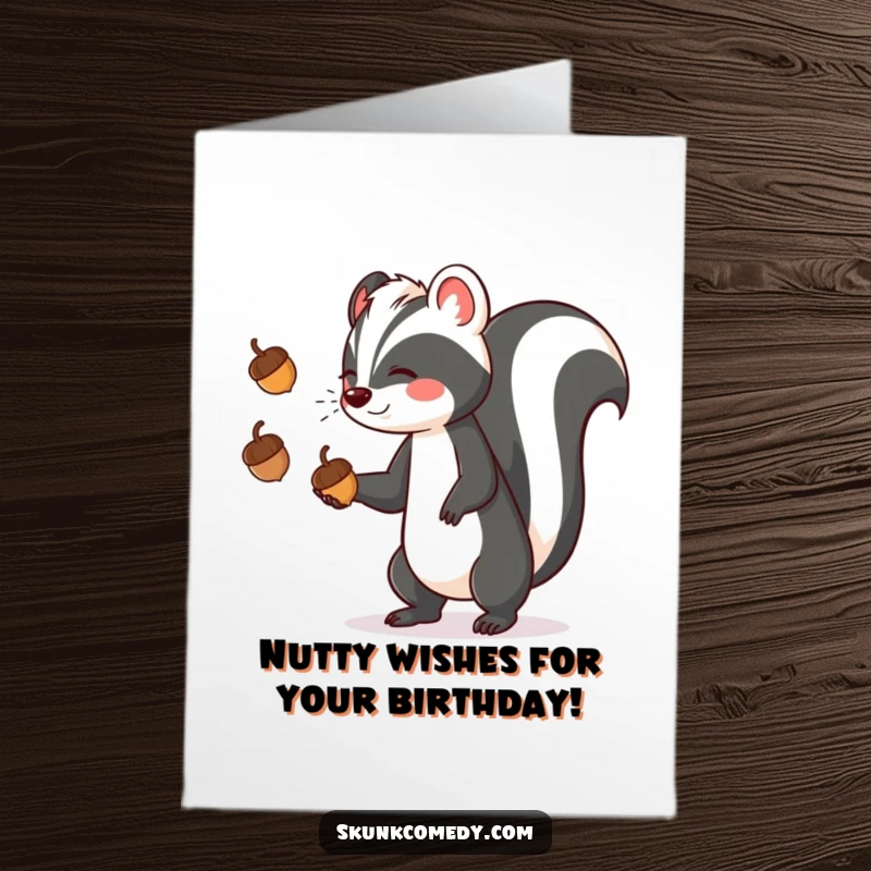 Funny Free Printable Birthday Card: A skilled skunk hilariously juggles acorns, a comedic downloadable gift for laughs.
