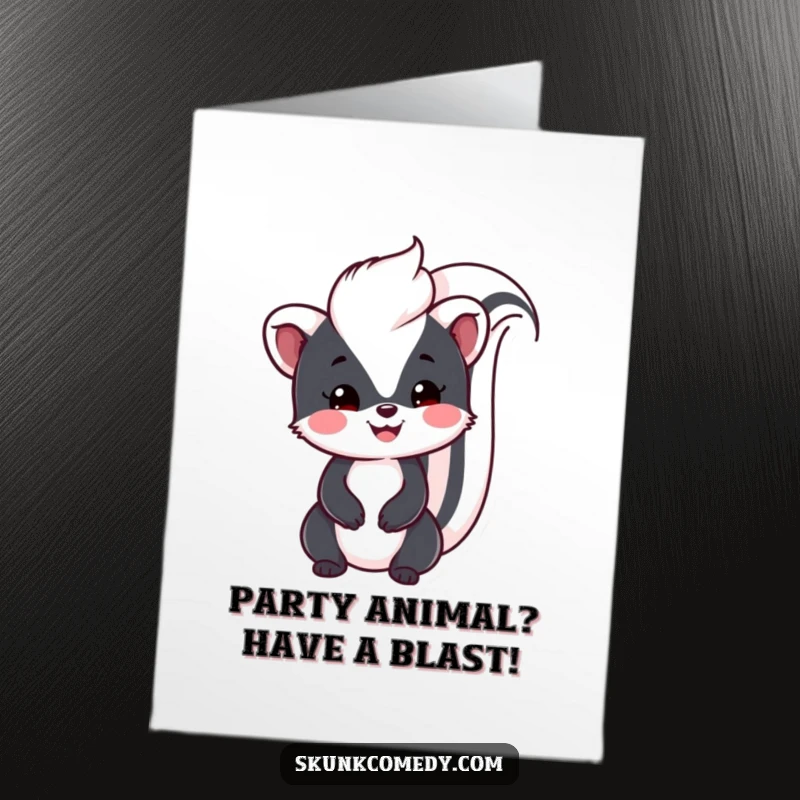 Funny free printable birthday card featuring a smiling Kawaii skunk with its fluffy tail held high, spreading birthday cheer.