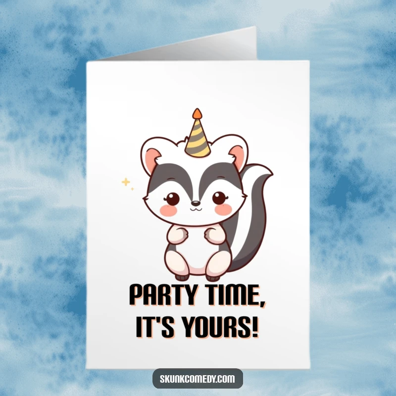 Funny Free Printable Birthday Card with a kawaii skunk joyfully tooting a small party horn, announcing the birthday celebration with excitement.