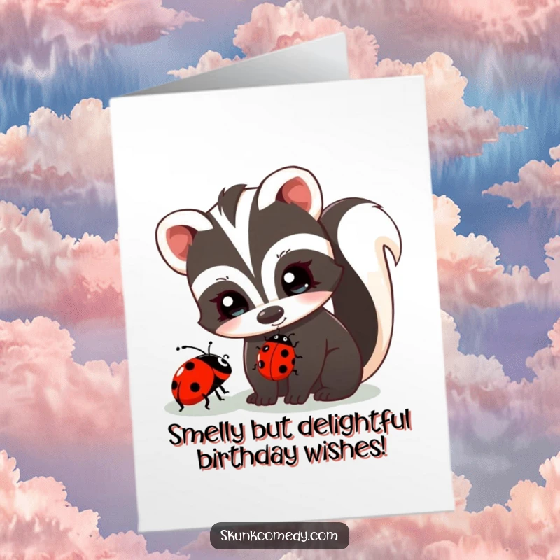 Funny Free Printable Birthday Card featuring a curious skunk with big eyes watching a ladybug. A delightful and humorous downloadable gift.