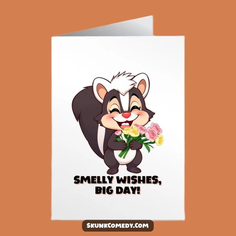 Free Printable Birthday Card: Goofy Skunk Grin & Bouquet Funny Downloadable Gift