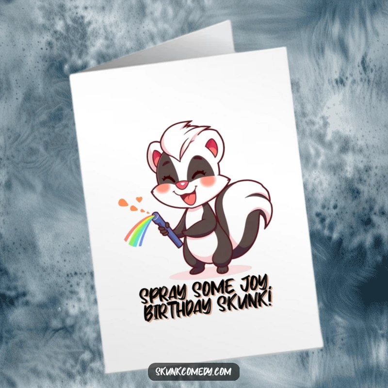 Funny Free Printable Birthday Card featuring a grinning skunk spraying a vibrant rainbow, spreading joy and laughter.