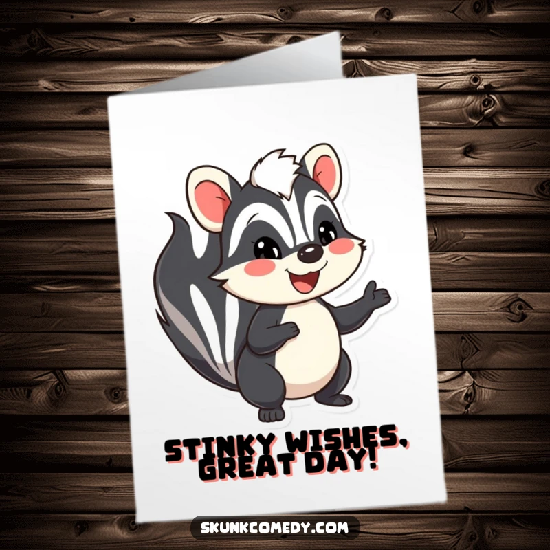 Funny Free Printable Birthday Card featuring a smiling skunk waving hello, perfect for printable greetings.