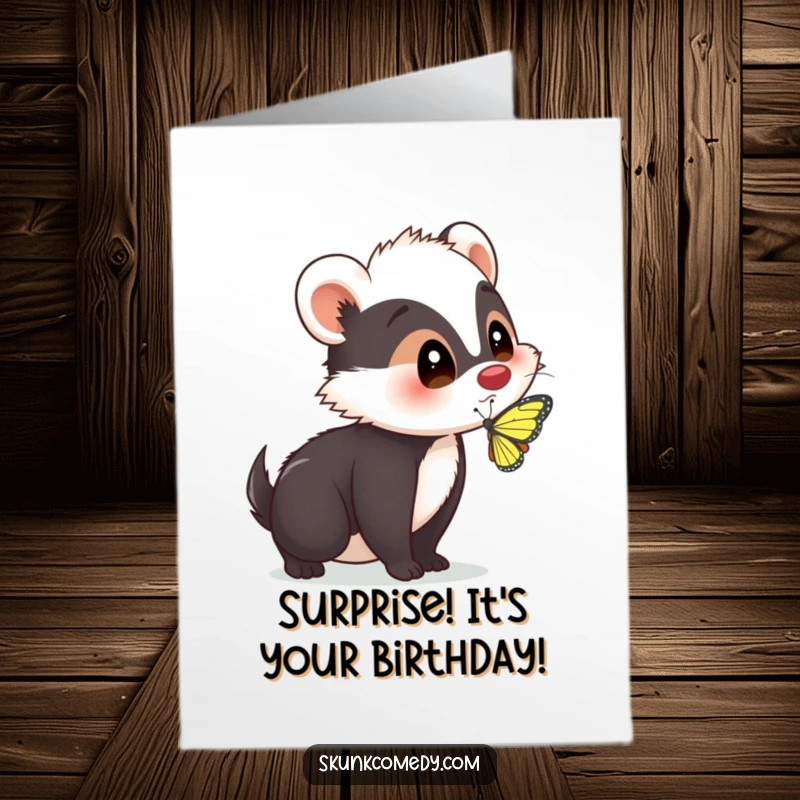 Funny Free Printable Birthday Card: A skunk looks shocked as a butterfly lands on its nose, a hilarious downloadable gift.