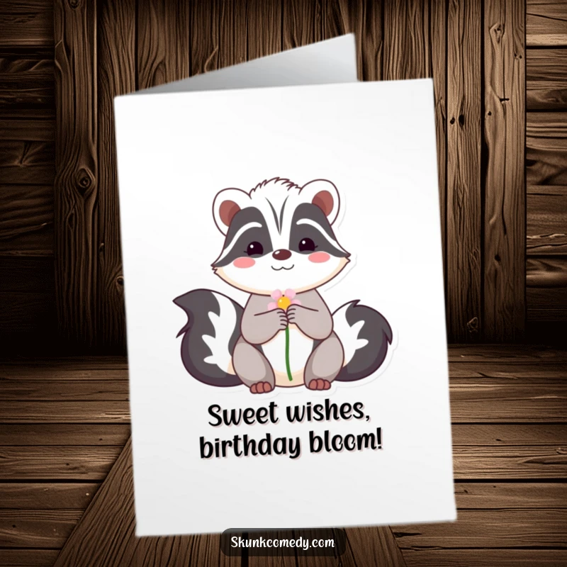 Funny Free Printable Birthday Card: A skunk with a shy smile offers a delicate flower, wishing a happy birthday with sweet sincerity.