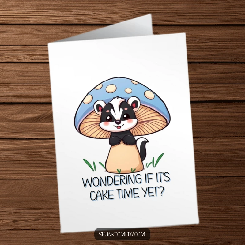 Funny Free Printable Birthday Card featuring a wide-eyed skunk peeking with wonder from behind a giant, vibrant mushroom.