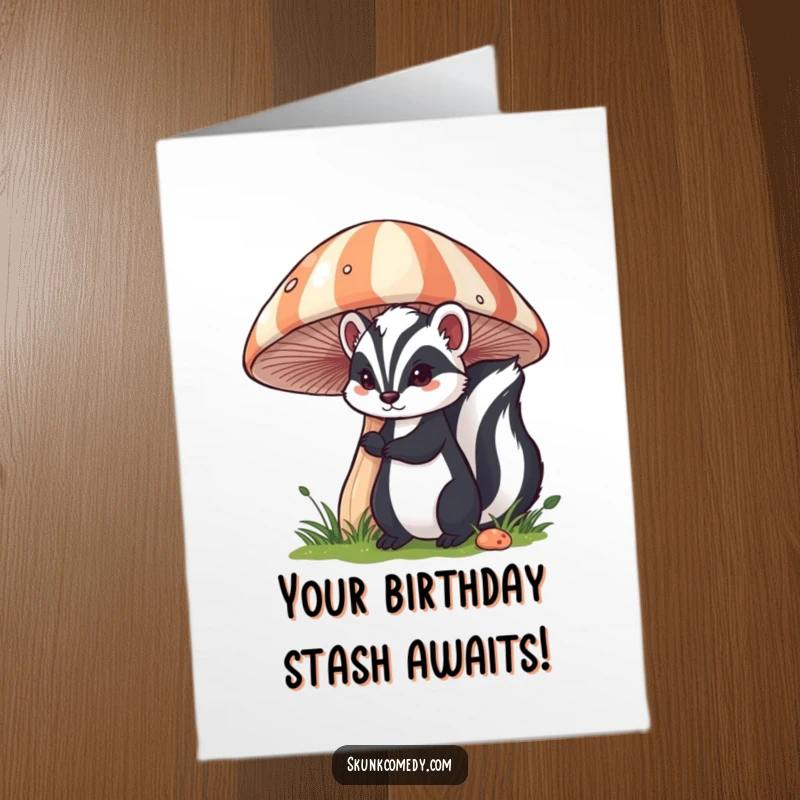 Funny free printable birthday card featuring a skunk playfully peeking out from behind a large, colorful striped mushroom.