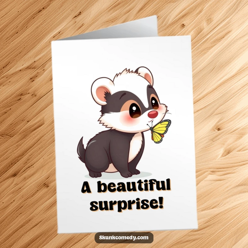 Funny Free Printable Congrats Card: A skunk is startled by a butterfly on its nose, a whimsical downloadable gift.