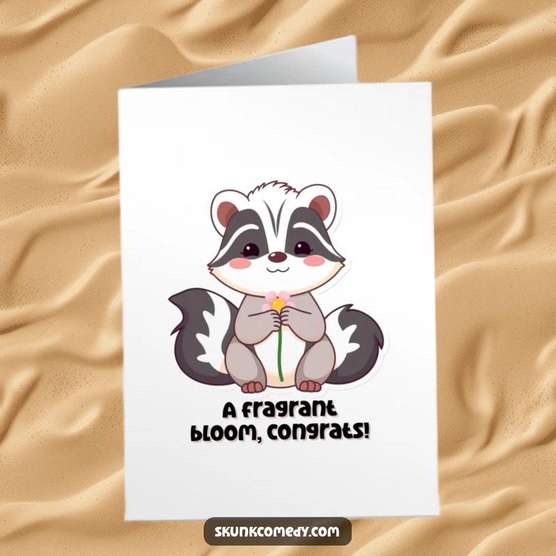 Funny Free Printable Congratulations Card: A shy skunk offers a flower with a gentle smile, conveying heartfelt congratulations.