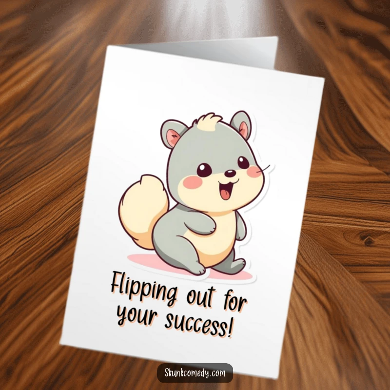 Funny free printable congratulations card depicting a creature wiggling its fluffy tail in pure, unadulterated delight and celebration.