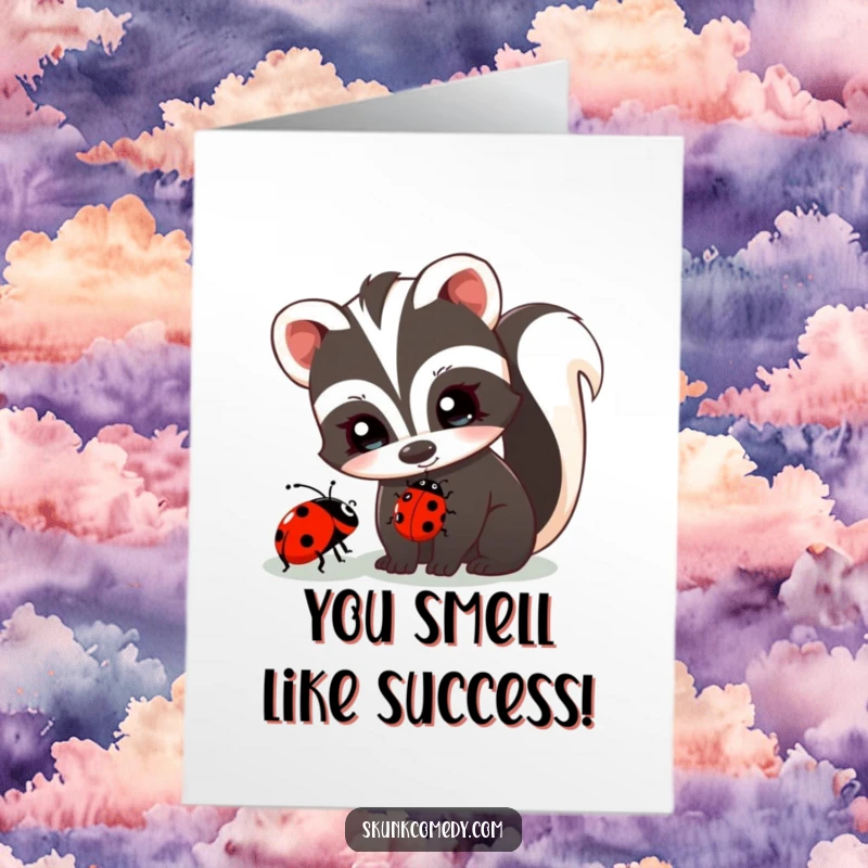 Funny Free Printable Congratulations Card showing a skunk and ladybug celebrating. Perfect for conveying joy and humor in a downloadable gift.